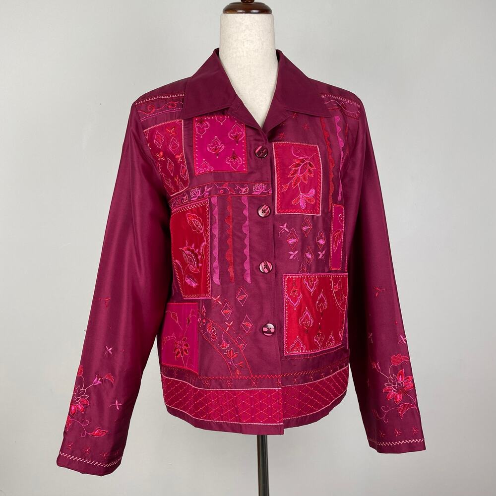 Coldwater Creek 100% Silk Floral Embroidered Patchwork Jacket Pink Button Up M